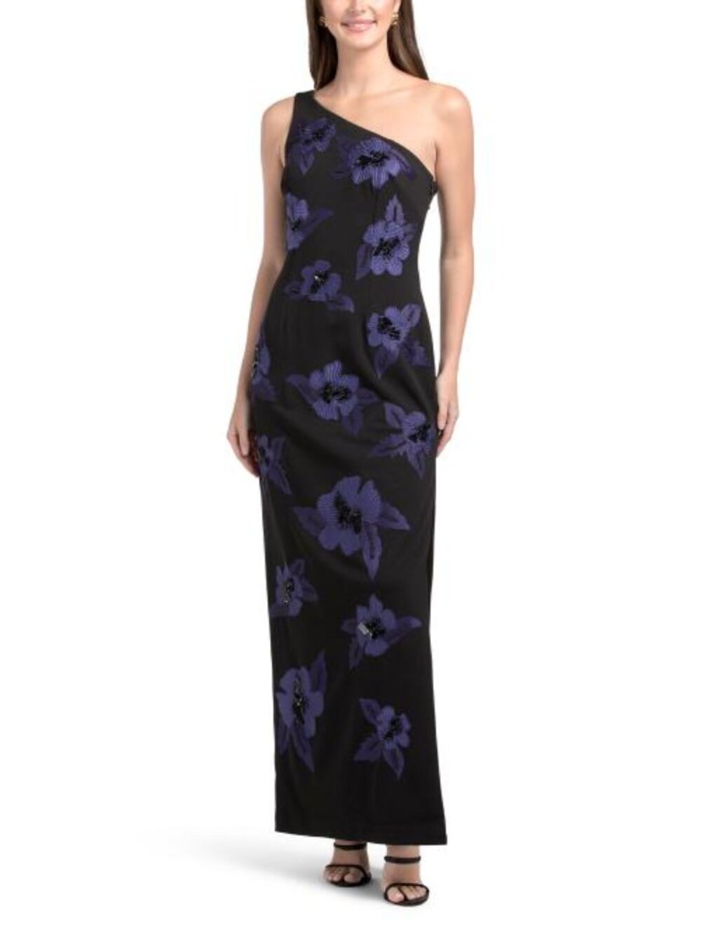 AIDAN MATTOX One Shoulder Floral Embellished Gown